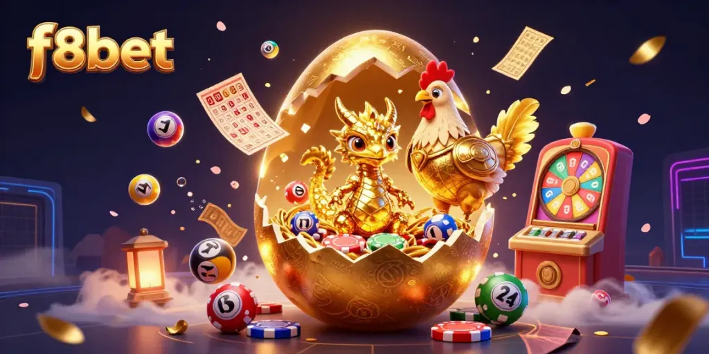 Engage users by winning at f8bet with a vibrant illustration of a golden dragon and playful casino elements.