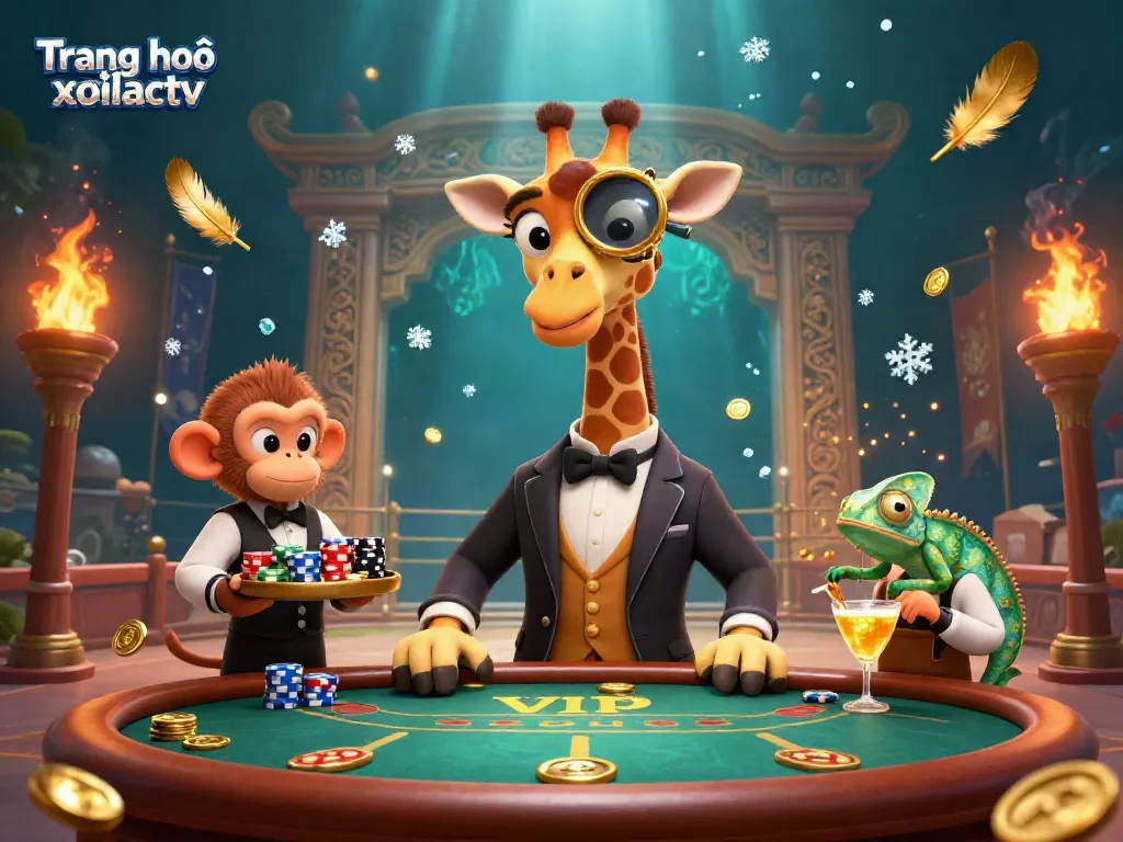 Engage with Trang chủ xoilactv through a vibrant 3D scene of a high-roller giraffe at a poker table, blending excitement and entertainment.