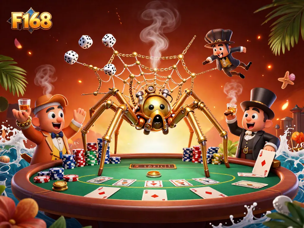 F168 captures an exciting gaming moment with an intricate web of poker chips and dice.