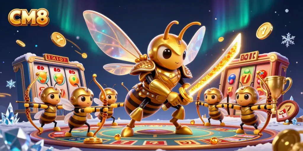 Experience the excitement of CM8 with dynamic slots, golden trophies, and a vibrant casino atmosphere.