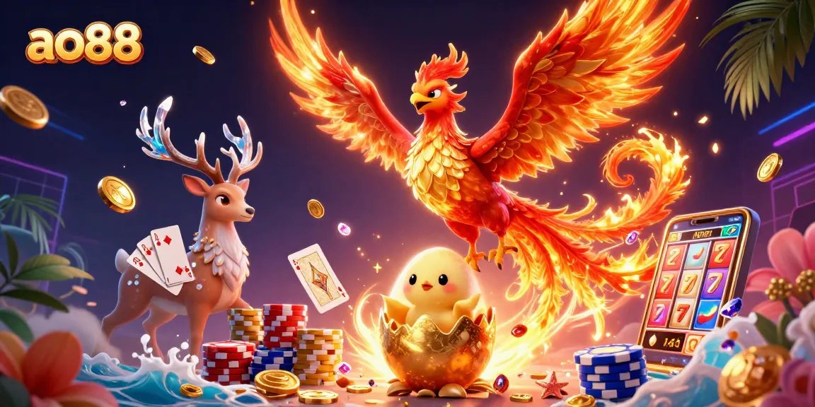 Experience thrilling wins at ao88 with a vibrant scene featuring a majestic phoenix and dynamic casino elements.