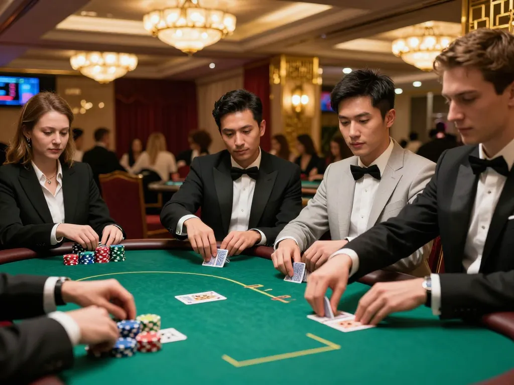 Players competing in a high-stakes poker game at RR88 casino with intense focus and strategy