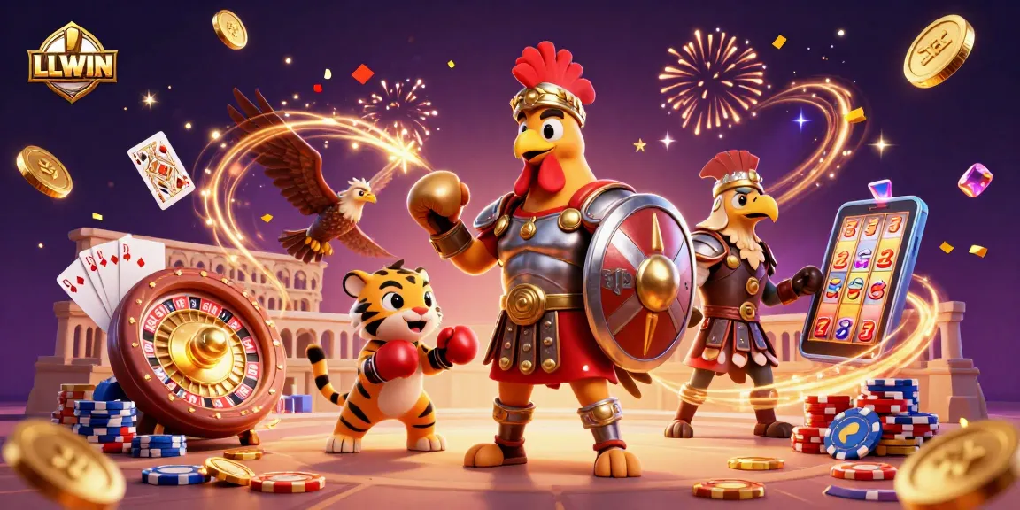 Engage in thrilling gaming at LLWIN with dynamic 3D illustration showcasing a gladiator rooster, casino elements, and exhilarating action.
