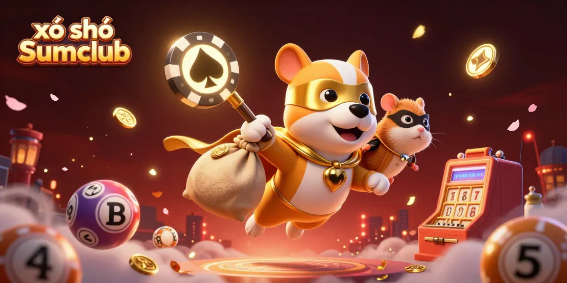 Experience the excitement of xổ số Sumclub with a superhero dog and hamster surrounded by lottery elements.