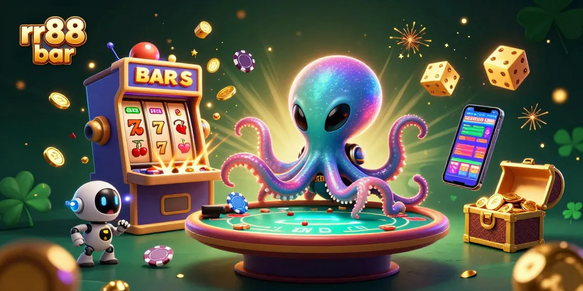 Engage in thrilling gameplay at rr88 bar with vibrant 3D casino elements surrounding an alien octopus and robot.