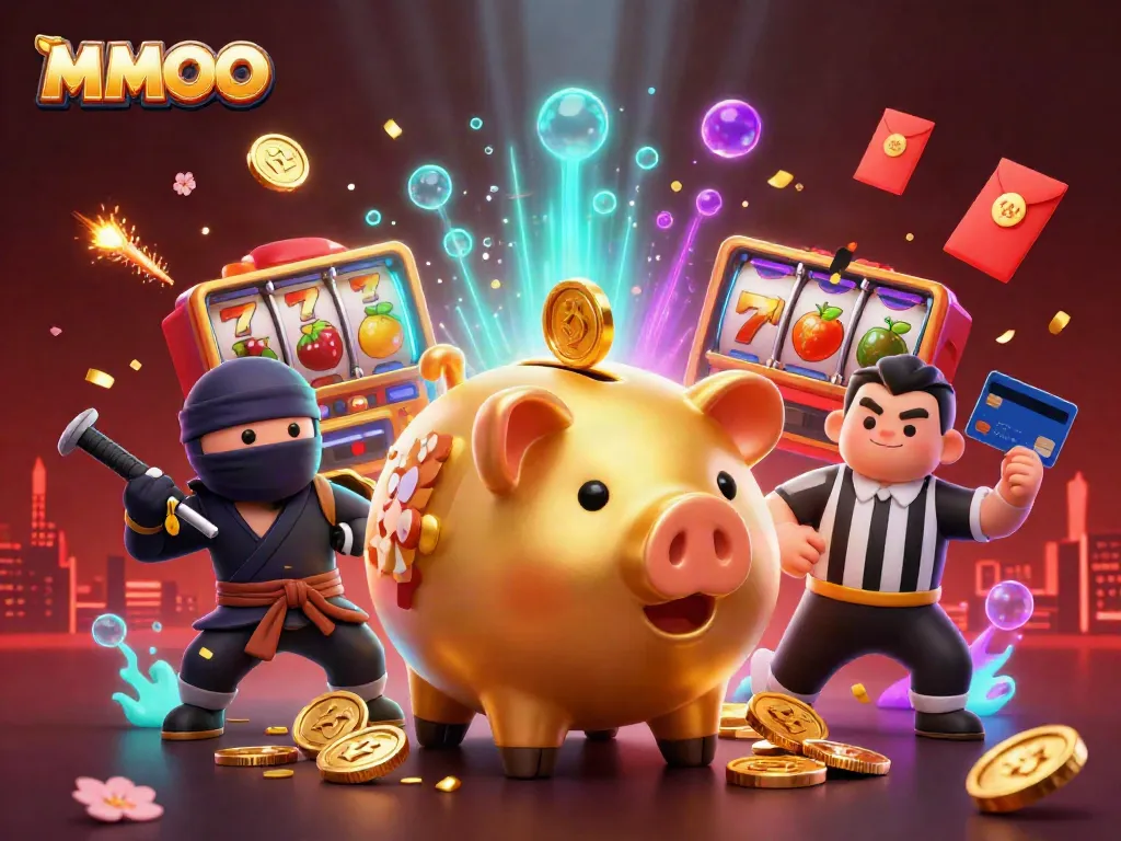 MMOO casino scene with animated golden piggy bank sumo wrestler among slot reels and festive elements.