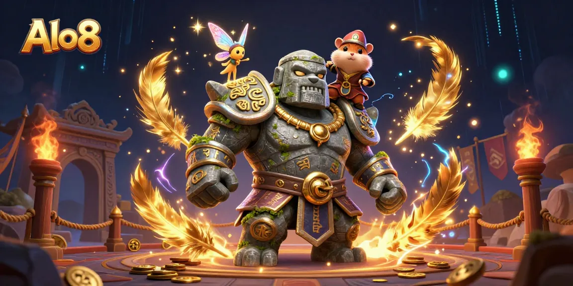Alo8 offers thrilling gameplay with the guardian golem, a fairy, and hamster knight in a vibrant casino scene.