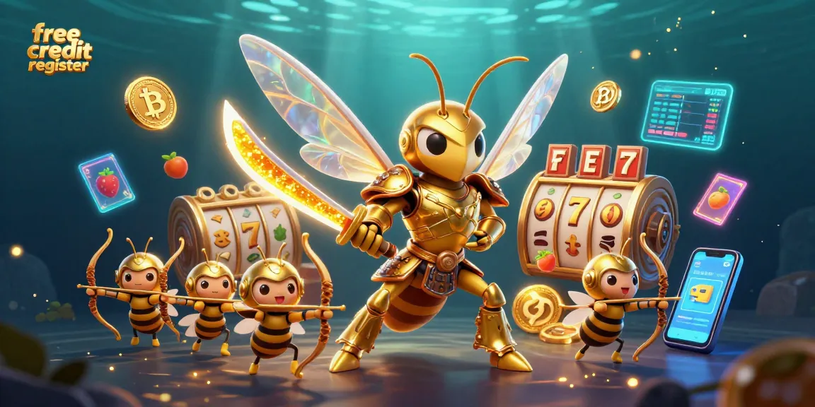 Engage players with the free credit register while enjoying a dynamic casino adventure illustration filled with exciting slot elements.
