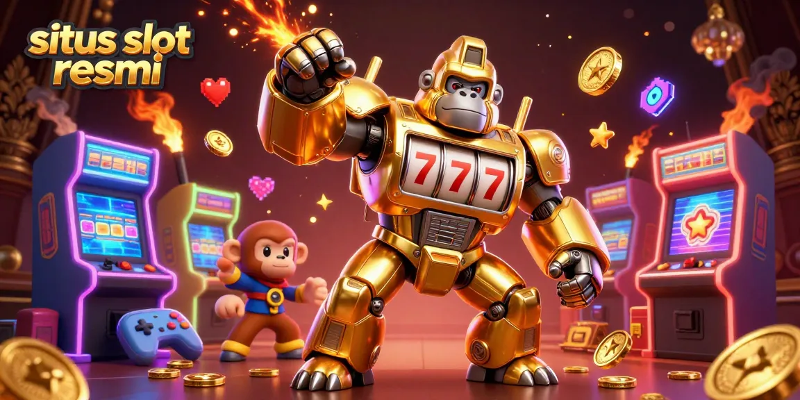Experience the excitement at situs slot resmi with a golden gorilla mech and vibrant gaming elements.