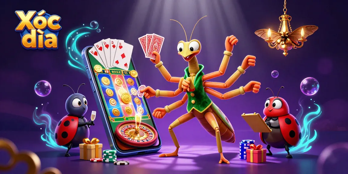 Xóc đĩa players engaging with a vibrant casino scene featuring colorful slot games and dynamic characters.