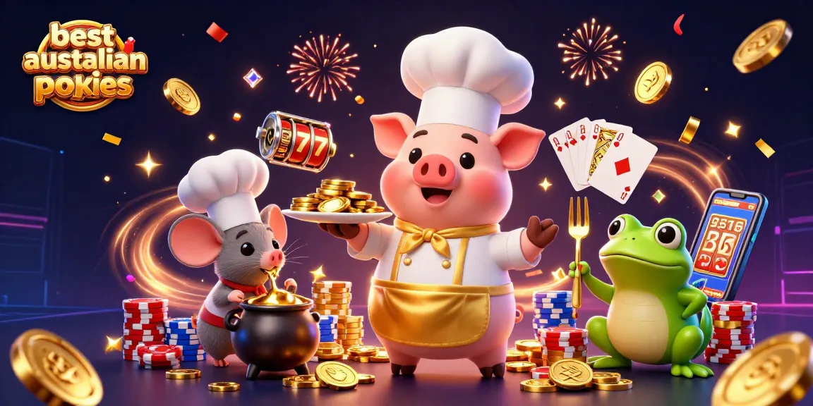 Experience the best Australian PayID pokies with vibrant casino characters and gold coin rewards in a festive scene.
