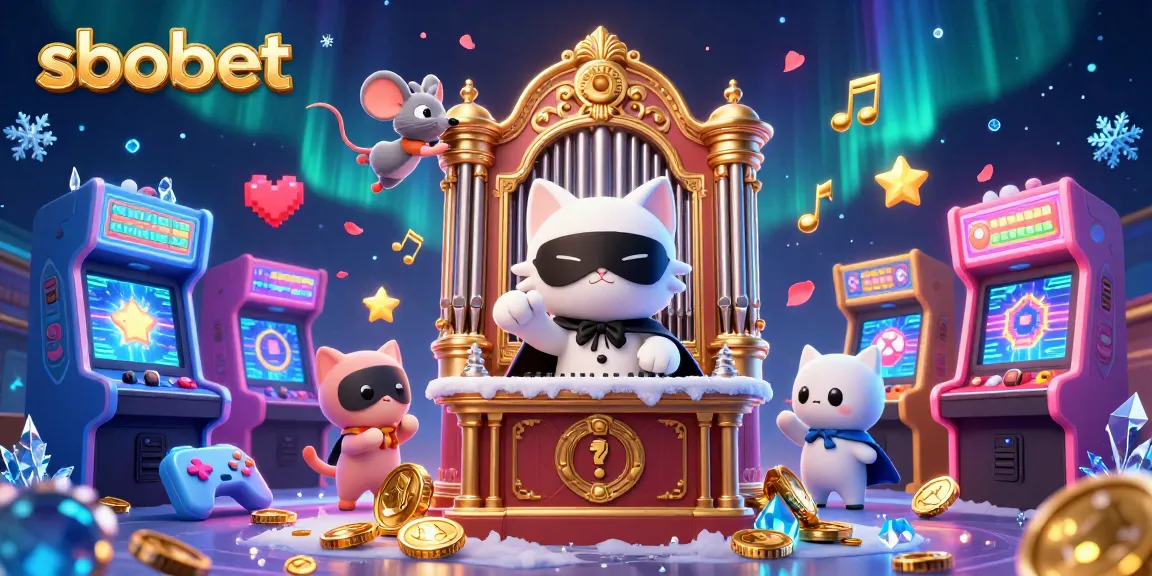 Experience sbobet's thrill with gaming action displayed by a whimsical cat and acrobat in an ornate casino scene.