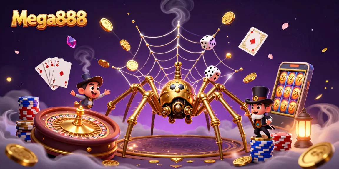 Mega888 menampilkan arahan untuk pemain tentang jackpot dan permainan slot dengan gambar 3D warna-warni.
