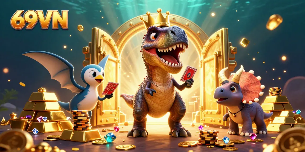 Play exciting games at 69VN with a lively illustration of characters enjoying casino fun.