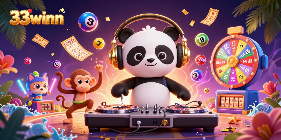 Experience the thrill of 33winn as cartoon characters celebrate with vibrant casino elements.
